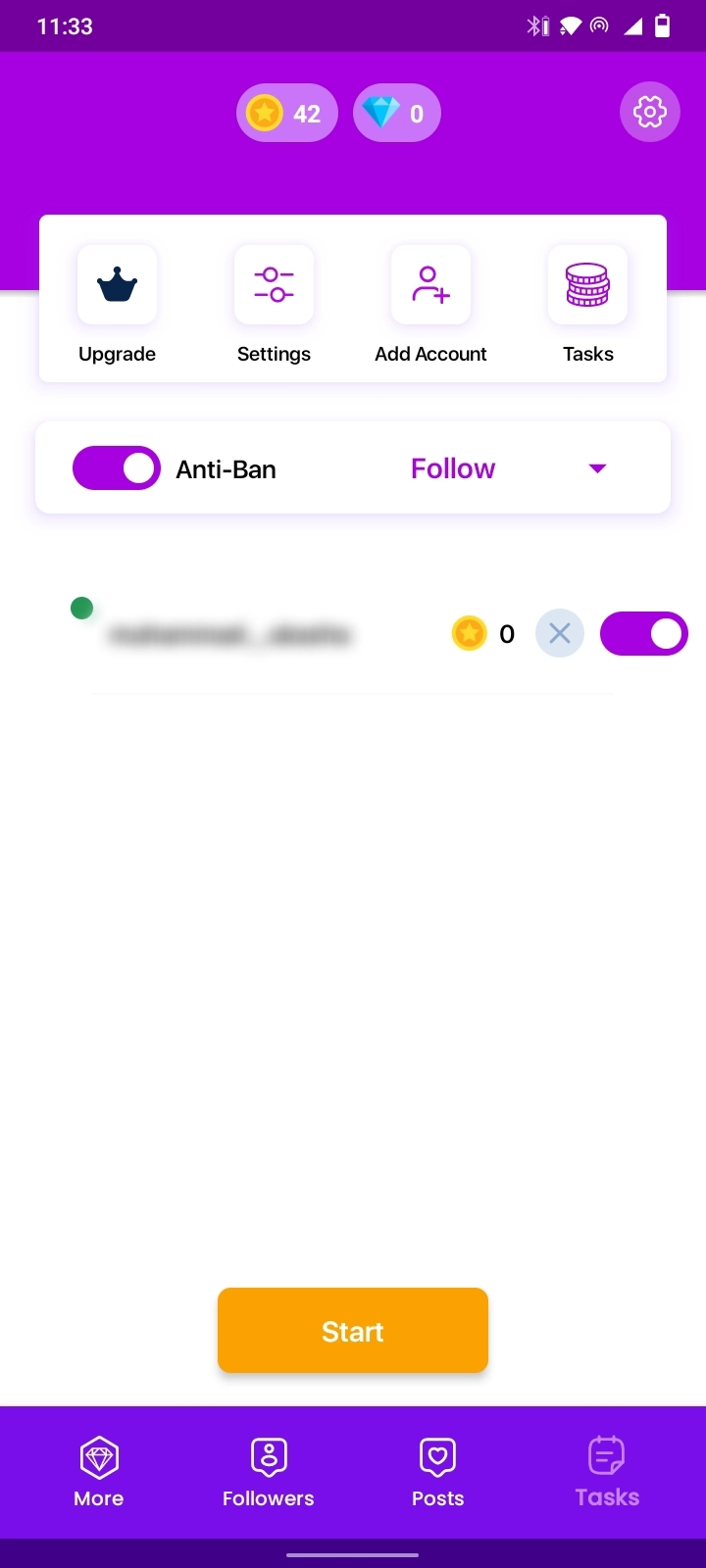 Top Follow earn coins screen